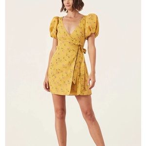 Revolve LPA Heidi Mustard Floral Puff Sleeve Wrap Style Dress